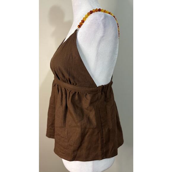Rachel Zoe Brown Linen Blend Halter Top Beaded Straps Size XS NWT - Picture 3 of 6
